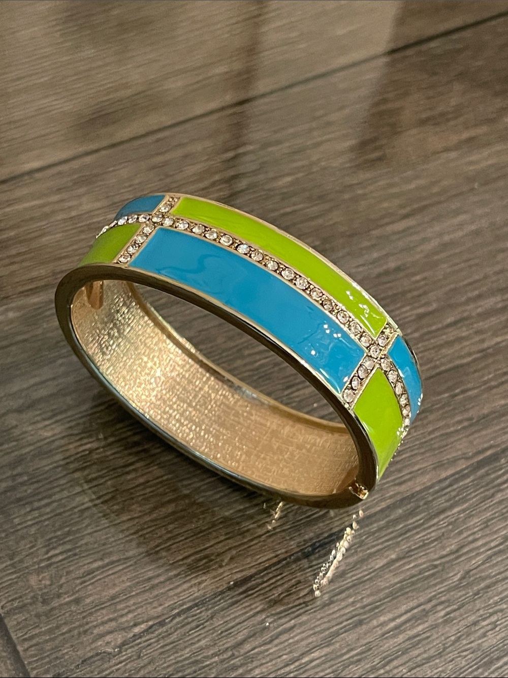 Vintage Blue & Lime Green Color Block & Rhinestone Clamper Bracelet